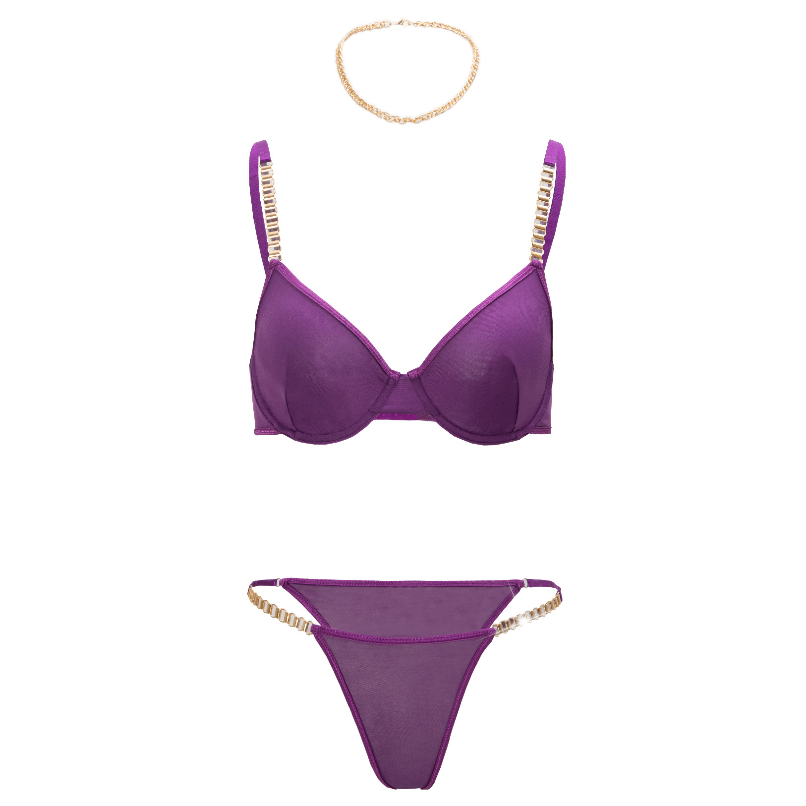 Sexy Mesh Lingerie Set With Chains And Push-up Bra And Thong_voghion.com
