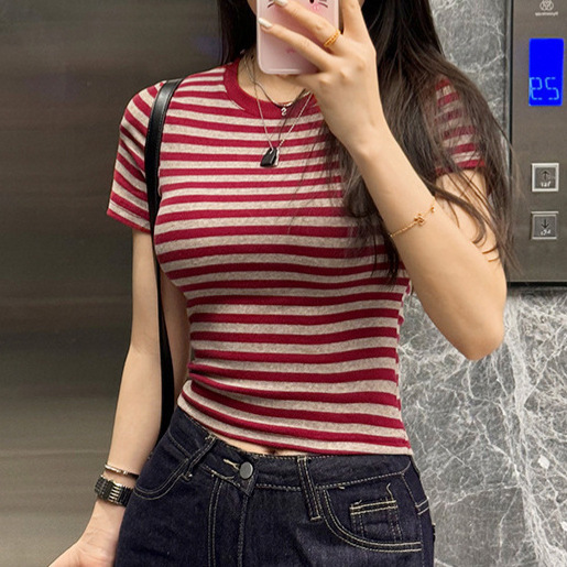 American-Style Round Neck Color-Block Striped Regular Shoulder Short-Sleeve Women's T-Shirt, Summer New Slim-Fit Youthful Cropped Top Ins American-Style Round Neck Color-Block Striped Regular Shoulder Short-Sleeve Women's T-Shirt, Summer New Slim-Fit Youthful Cropped Top Ins