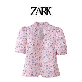 ZARK 欧美新款时尚气质印花立领短袖衬衫外套 跨境外贸女装批发