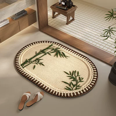 New Chinese-style bamboo diatomite bathroom absorbent non-slip mat, Zen-inspired traditional Chinese-style dirt-resistant mat for bathroom entrance (Avtomobil döşəmə paspasları) - dark-green-bamboo-oval-5080cmsecond-generation-diatom-mud