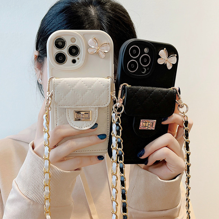 Tweed Style Butterfly Card Holder Suitable for iPhone 17 Phone Case Apple 16/15 Pro Max Crossbody Lanyard 14/13