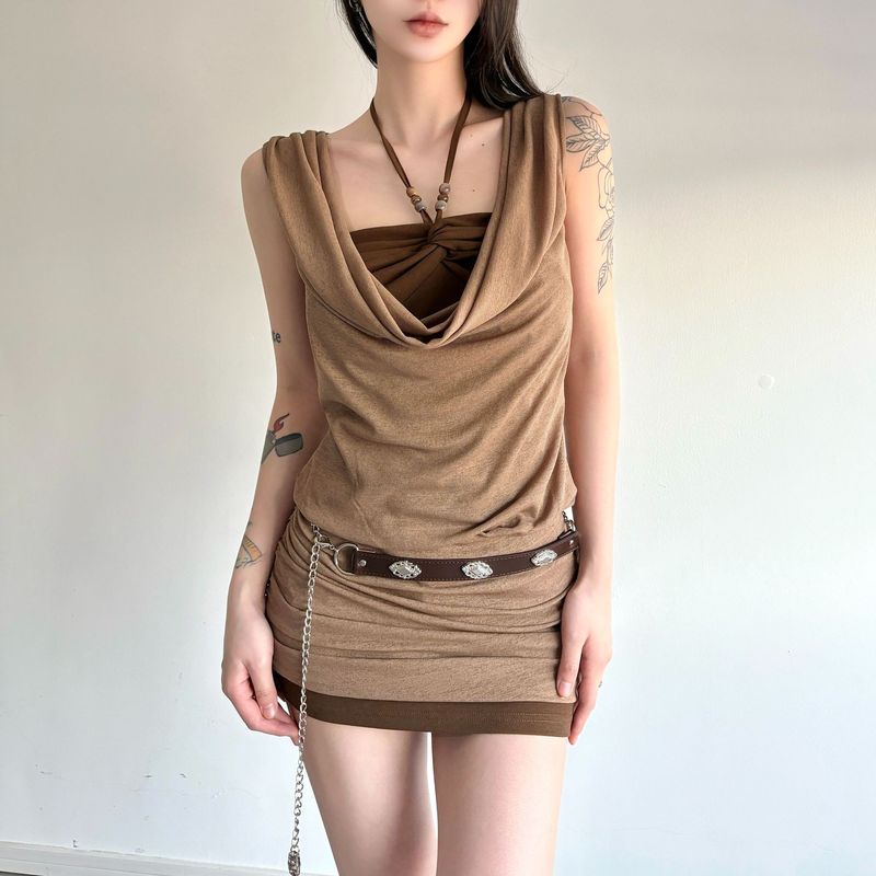 街头辣妹流浪废土风不规则设计感格纹拼接蕾丝半身裙女叠穿百褶裙|undefined