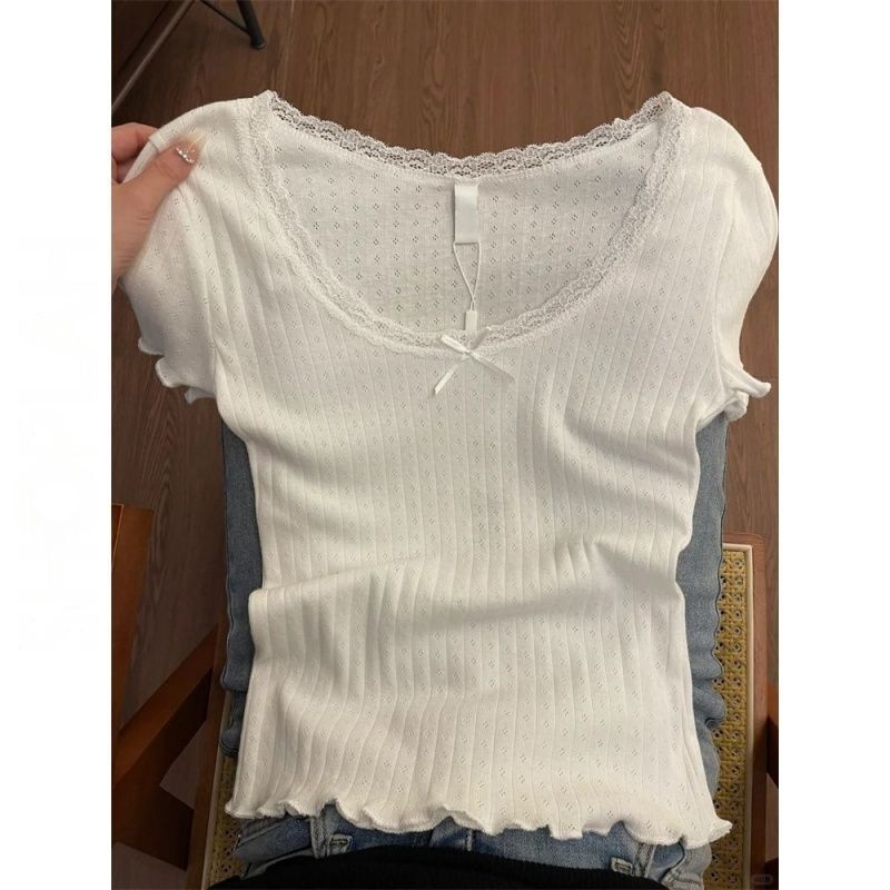 White Pure Desire Sweet Lace Slim Fit Tight-Fitting Women's Summer Short-Sleeve T-Shirt Top White Pure Desire Sweet Lace Slim Fit Tight-Fitting Women's Summer Short-Sleeve T-Shirt Top