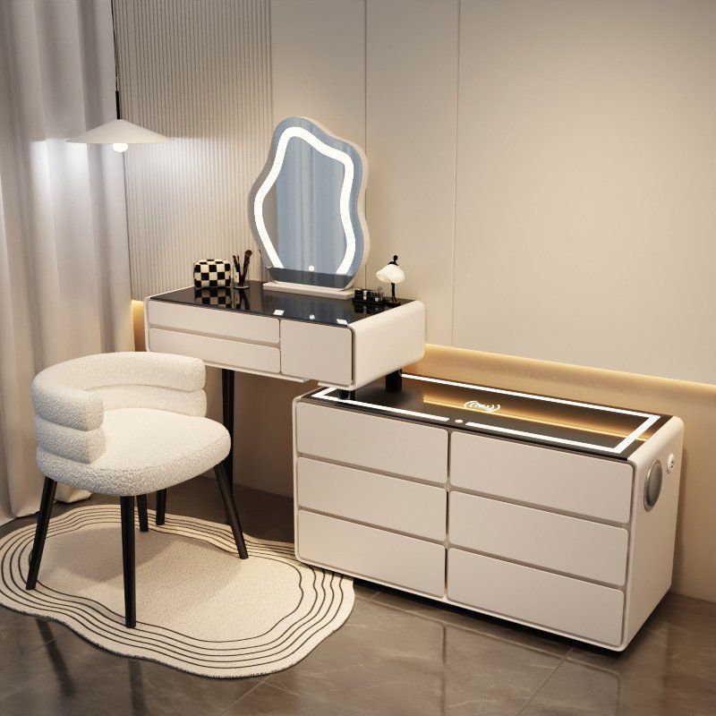 밀크화이트 6단 스마트모델 - 올원목 80테이블 + 수납장 + 구름거울 + 아기의자