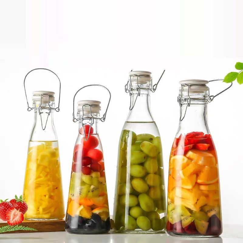 批发零售方500ml手提奶瓶 1000ml透明玻璃瓶泡酒瓶卡扣密封酵素瓶