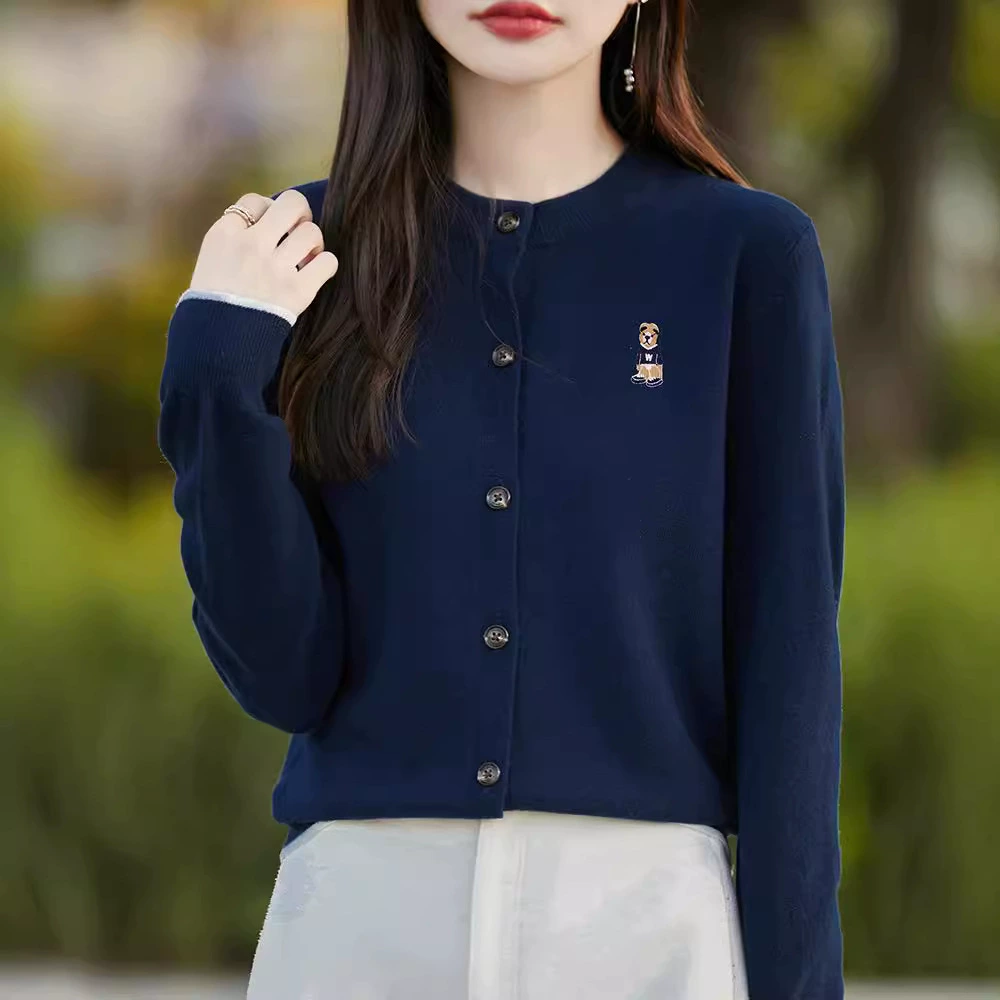 Оптовая продажа весенне-осенний короткий пиджак новый вязаный топ с вышивкой маленький медведь с длинными рукавами кардиган женский ленивый ветер