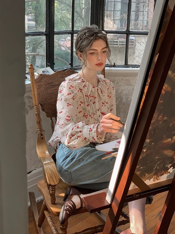 Dailyart法式慵懒拉夫领对丝压绉领工艺轻盈感灯笼袖衬衫上衣|undefined