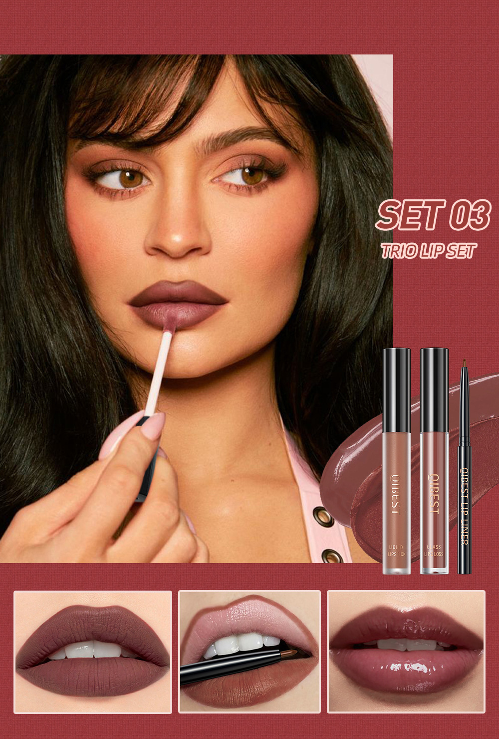 QIBEST Cross Border non-stick cup non-fading lip glaze matte mist moisturizing lip line set 3-in-1 Makeup undefined