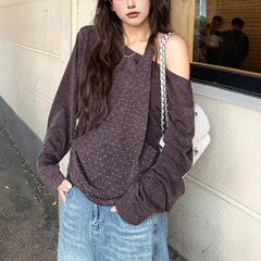 法式设计感小众别致气质长袖T恤女装秋季宽松韩系氛围感露肩上衣