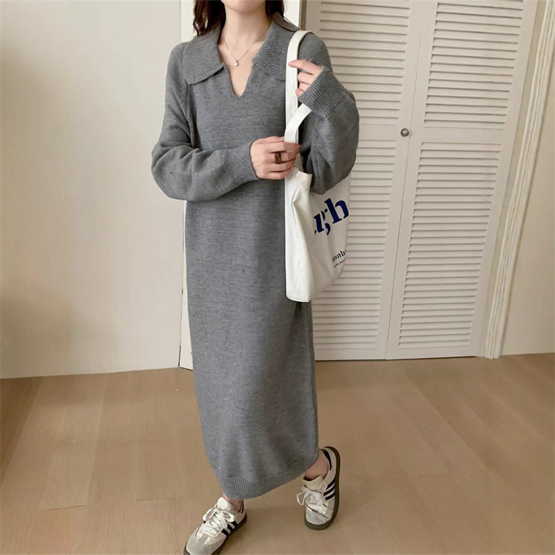 长款过膝毛衣裙秋冬配大衣韩版宽松显瘦慵懒风长袖内搭针织连衣裙|undefined