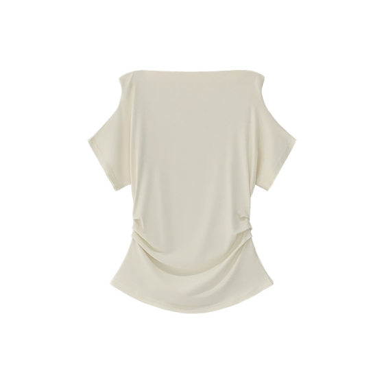 in stock 2025 Elegant Swing Collar Short-sleeved T-shirt Women's Spring and Summer Commuter New Design Sense Pleated Slimming Shoulder Inclined