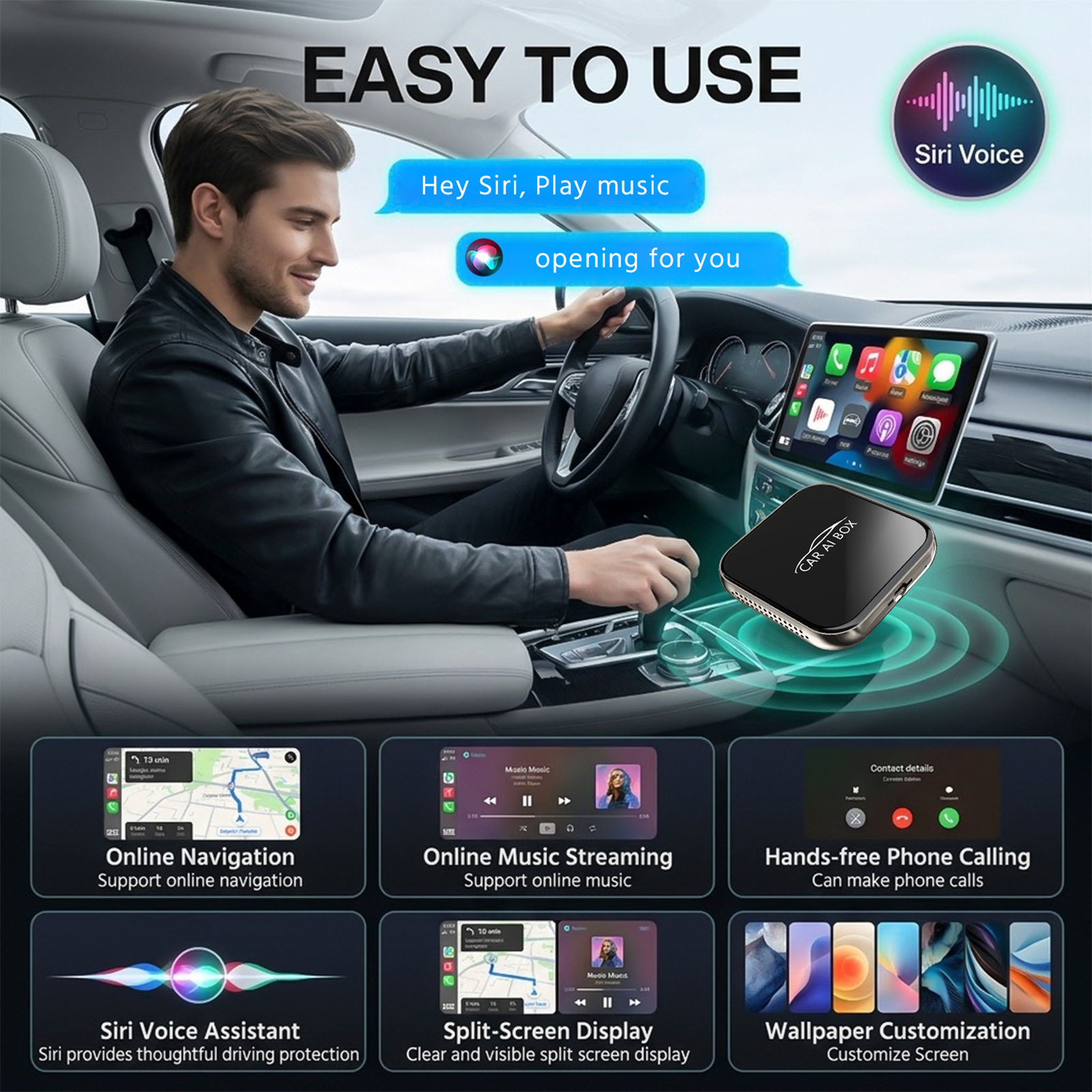 Four-in-one car wireless CarPlay box, wired to wireless, Android and Apple screen mirroring and interconnection module