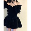 One line neckline long sleeved small black dress with waistband velvet short skirt， elegant dress