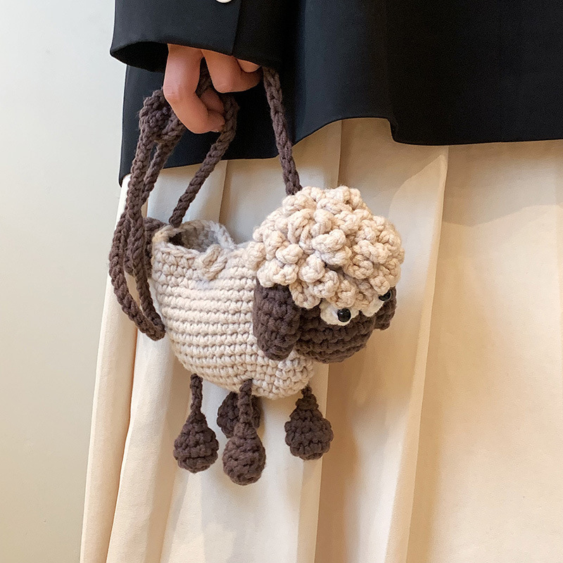 Sean Knitted Wool Bag Handmade Woven Bag Cute Cartoon Lamb Woven Bag Shoulder Crossbody Bag Finished for Women Sean Knitted Wool Bag Handmade Woven Bag Cute Cartoon Lamb Woven Bag Shoulder Crossbody Bag Finished for Women