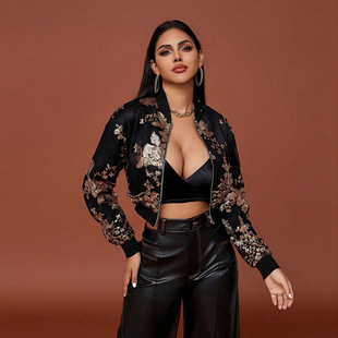 Cross-border autumn new European and American women's sexy hot girl style coat sequined embroidered short slimming long sleeve jacket