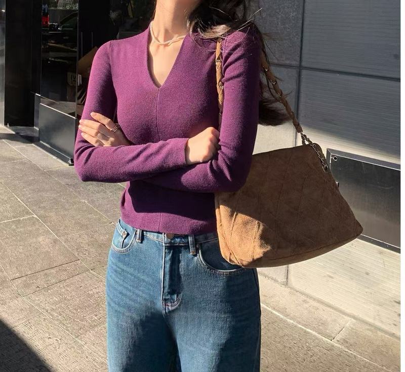 纯色v领针织打底衫女秋冬新款内搭毛衣纯欲修身显瘦百搭长袖上衣|undefined