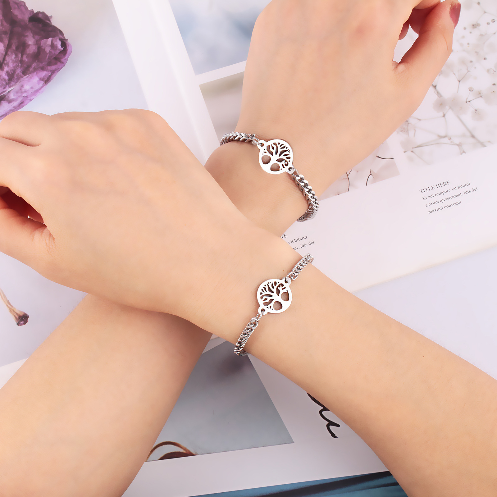 Fashion Tree Crown Stainless Steel Bracelets 2 Pieces