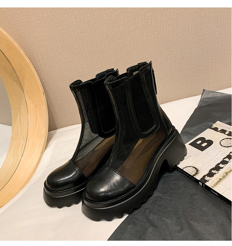 Boot ngắn nữ da bò mũi tròn đế dày thoáng khí khóa kéo sau — Màu đen, Màu mơ chi tiết 52