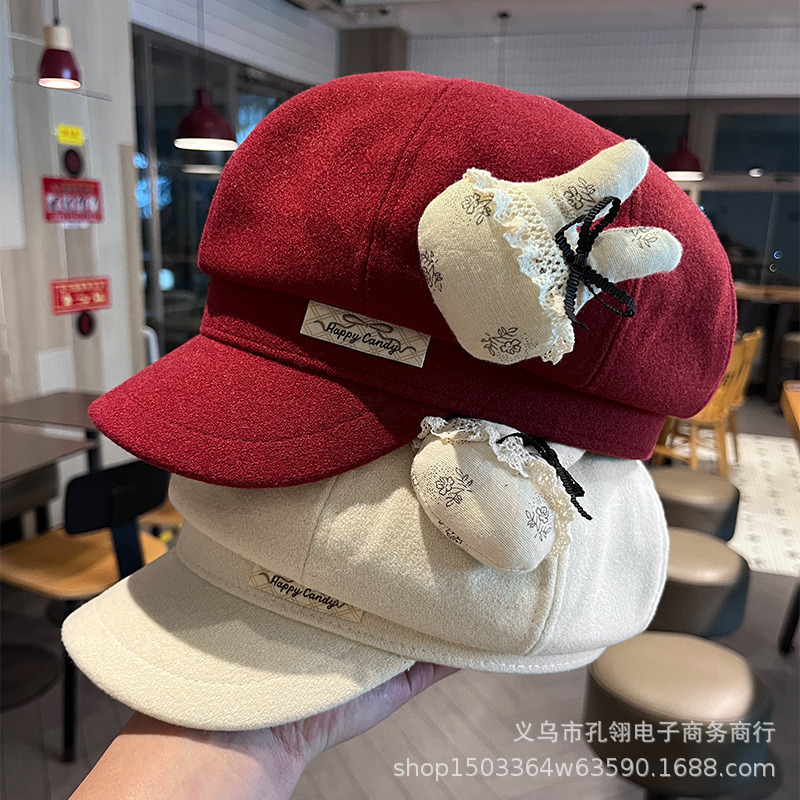 可爱卡通蕾丝兔子八角帽子女秋冬时尚保暖毛呢报童帽显脸小鸭舌帽|undefined
