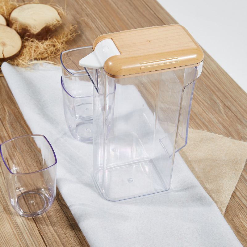 Una olla cuatro tazas botella de agua fría de plástico traje de moda grano de madera hogar botella de agua fría imprimible LOGO regalo