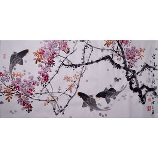 Member of the China Artists Association Chen Yongqiang 133.2cm Flower and Bird Painting Wisteria Fish Purely Hand-Painted Imitation Famous Calligraphy and Painting