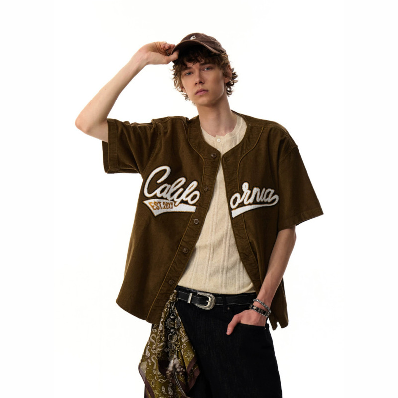 American-Style Sports Summer Cardigan Baseball Uniform Short-Sleeved Men's Trendy Retro Street Casual Corduroy Jacket Shirt
