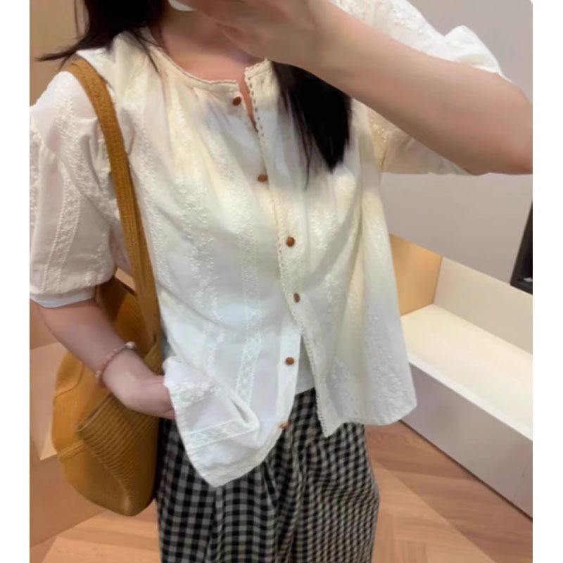 韓国風のユニークでシックな刺繍デザインの女性用シャツ、夏用の薄手で甘くて優しいスタイルのベビードールシャツジャケットイン|undefined