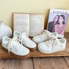 百匡2022新款春秋厚底皮面板鞋女潮ins小白鞋小眾復古港風休閒I鞋