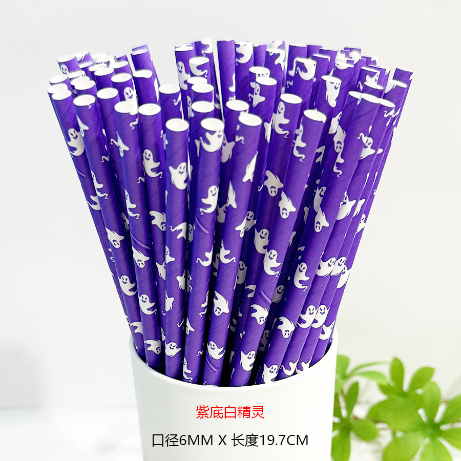 Una gran cantidad de pajitas de papel desechables al por mayor, pajitas de papel de Halloween, pajitas de papel degradables, calavera, calabaza