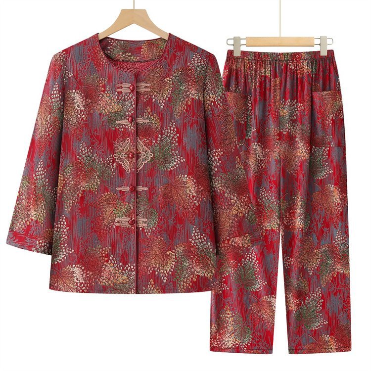 Summer Clothing for Middle-Aged and Elderly Women, Cotton Silk Suit, Large Size Long-Sleeved Mother's Pajamas, Thin Home Clothes for Old Ladies