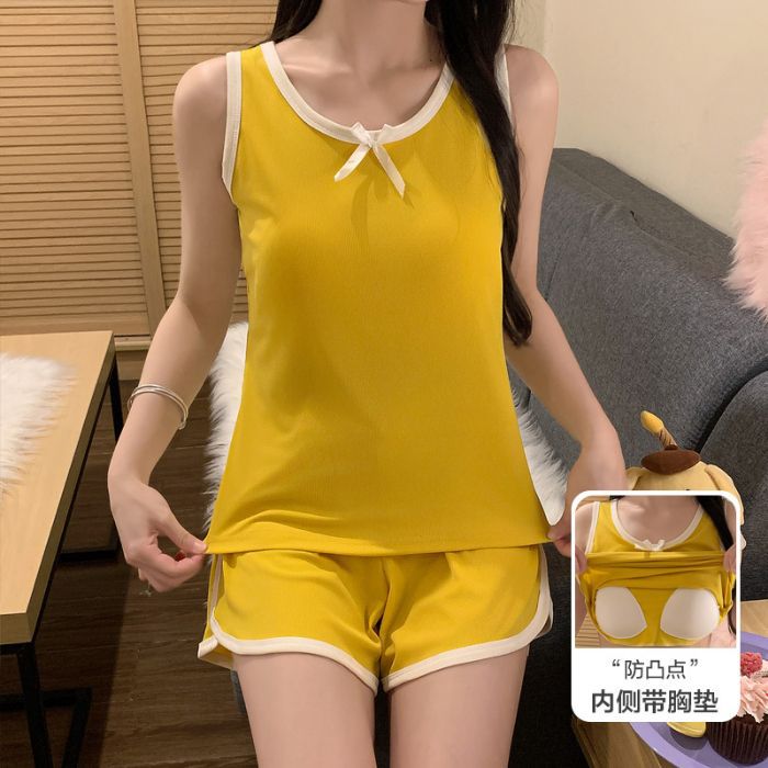 Traje de chaleco de pecho con rosca de seda de hielo al por mayor transfronterizo pijamas mujeres verano fresco servicio a domicilio traje de pantalones calientes deportivos