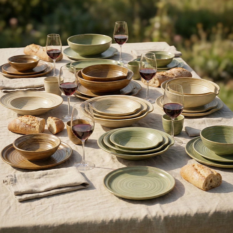 Japanese Retro Style Line-Patterned Coarse Pottery Bowl, Plate, Cup, and Tableware Set for Home Use, Practical Dish Plates, Rice Bowls, Soup Bowls, and Water Cups
