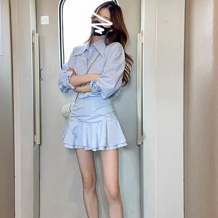 假两件白色长袖衬衫连衣裙女春秋季新款气质收腰荷叶边字短裙女|undefined