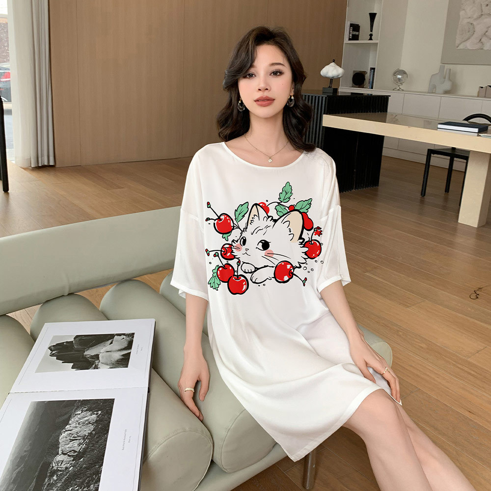 Yaoting pijama de mujer encantador viento impresión digital satén chiffón collar redondo pijama de manga corta SQ2273