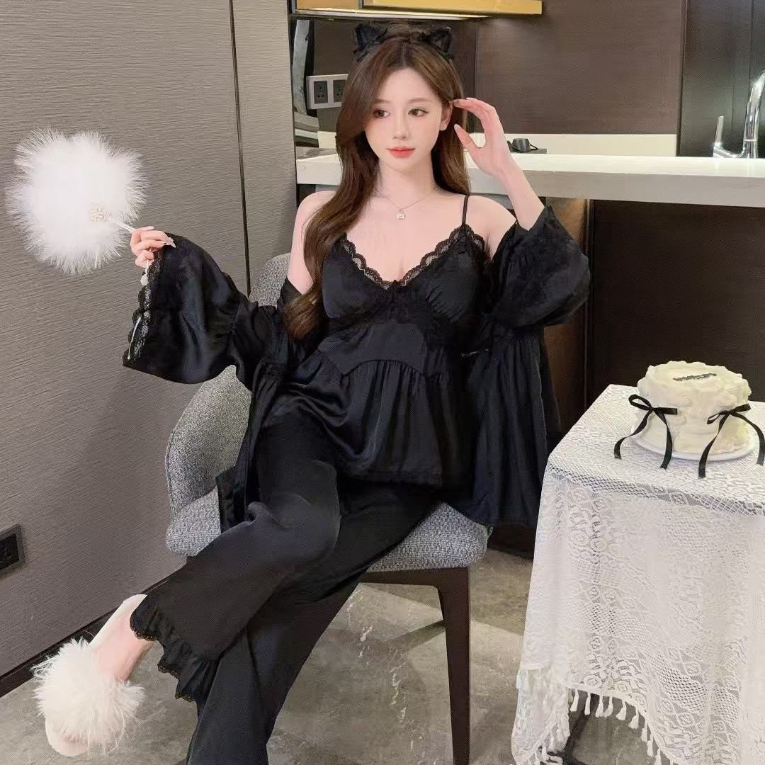 French Style Ice Silk Pajamas with Chest Pad Women's High-end Short Hanging Pants Nightgown Three-piece Home Clothes Ruth Same Style