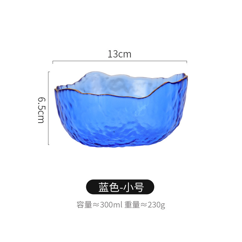 Venta al por mayor estilo nórdico patrón de martillo transparente borde dorado ensaladera de vidrio hogar plato de fruta de postre de alto aspecto vegetal