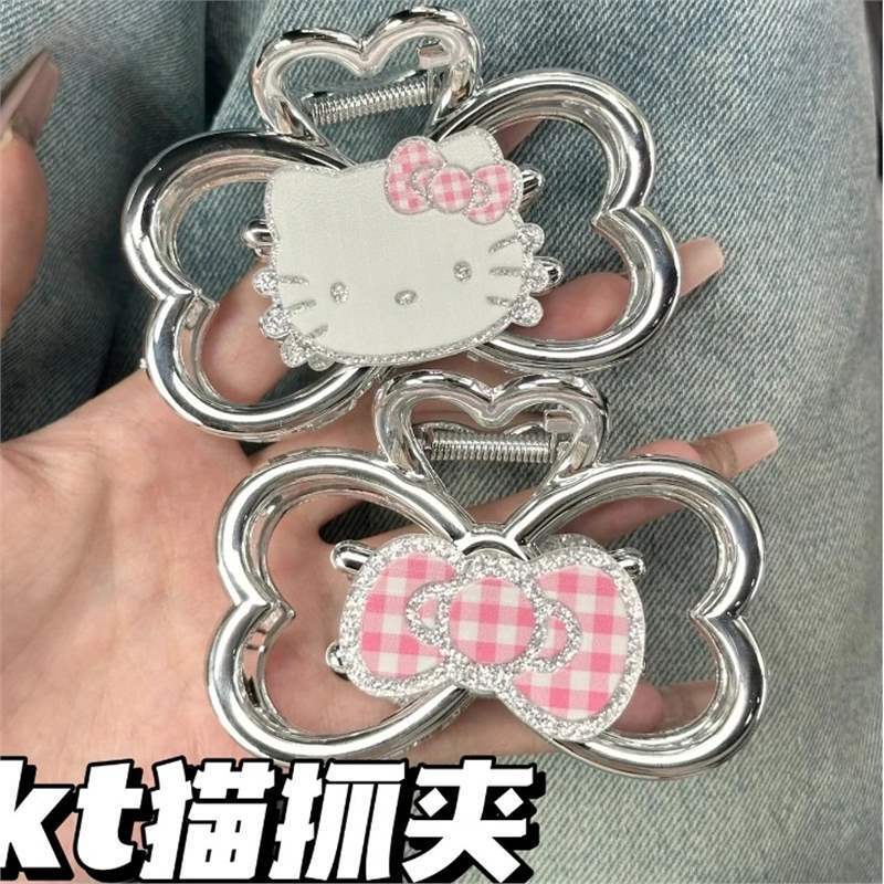 新しいキラキラKTガーリー猫両面グリッパー、後頭部に髪を結ぶためのハイエンドシルバーリボンサメクリップ|undefined