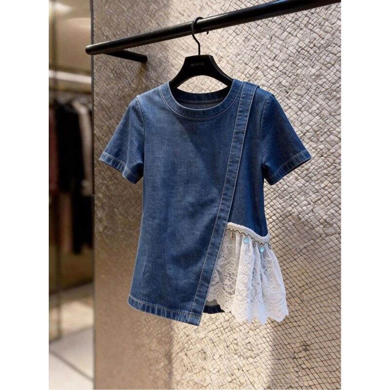 Wzxsk Niche Design Denim Short-Sleeve Top for Women with Lace Splicing and Slit, Blue Blouse for Layering, Fashionable and Trendy Wzxsk Niche Design Denim Short-Sleeve Top for Women with Lace Splicing and Slit, Blue Blouse for Layering, Fashionable and Trendy
