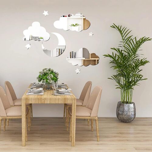 Acrylic Mirror Wall Sticker with Moon, Stars, and Clouds, Adhesive Acrylic Wall Decal, Artistic Wall Sticker for Decoration