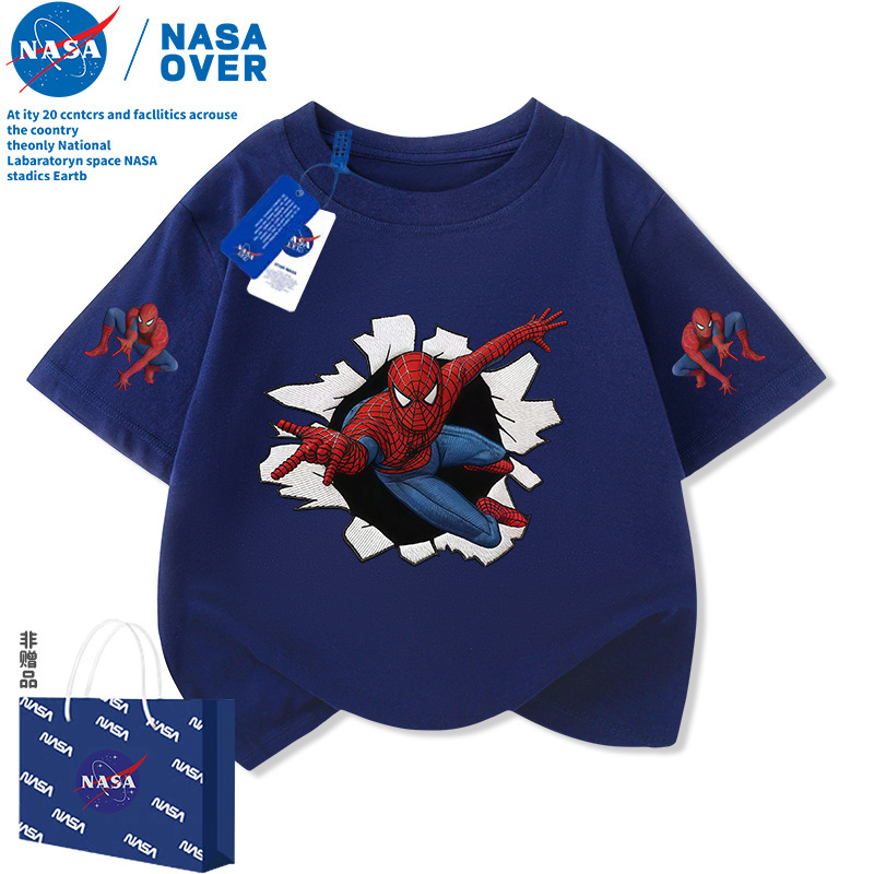NASA Spider-Man children's short-sleeve T-shirt, new summer model, imitation embroidery print, boys' pure cotton T-shirt, top for older children
