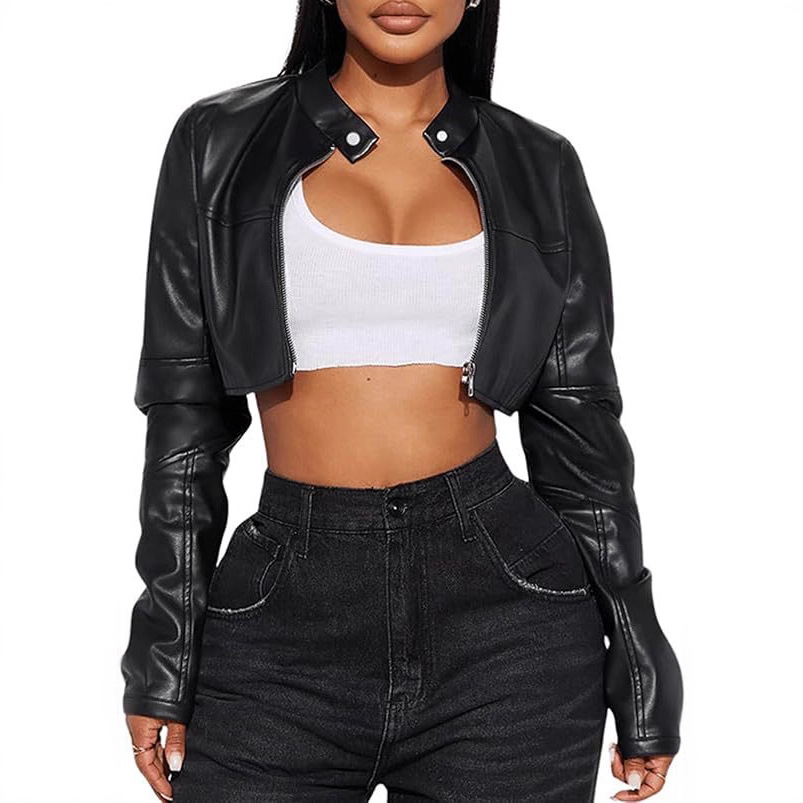 European and American Cross-Border Women's Crop Top Jacket Autumn and Winter Street Motorcycle Style Pu Leather Solid Color Splicing Zipper Stand Collar Jacket
