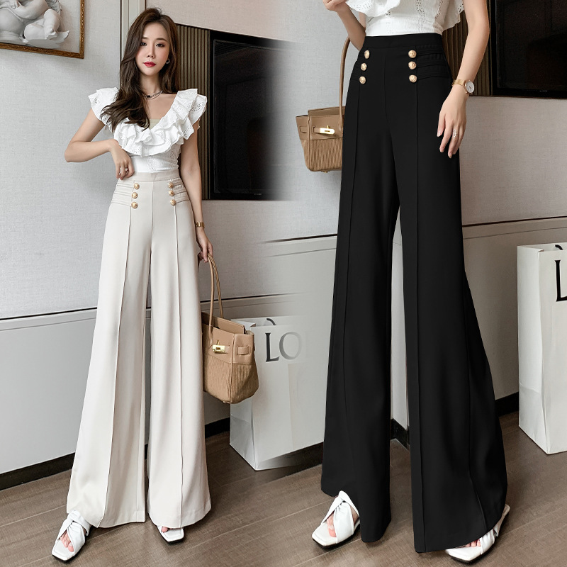 Casual 2022 pantalones de pierna ancha Pantalones rectos de cintura alta de las mujeres pantalones de adelgazamiento sueltos de doble botonadura drapeados pantalones Casuales