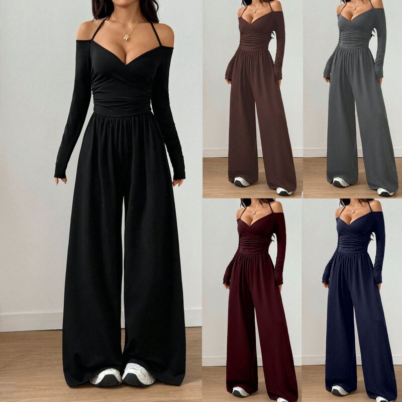 European and American Style Short-Sleeve Cross-Border New V-Neck Tie Long-Sleeve Jumpsuit for Women, Waist-Cinching Wide-Leg Pants, European and American Style Casual European and American Style Short-Sleeve Cross-Border New V-Neck Tie Long-Sleeve Jumpsuit for Women, Waist-Cinching Wide-Leg Pants, European and American Style Casual