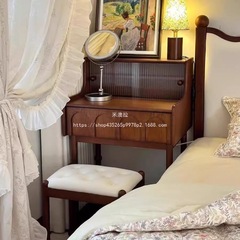 米澳拉法式中古风白蜡木实木梳妆台小户型卧室迷你小型化妆台一体
