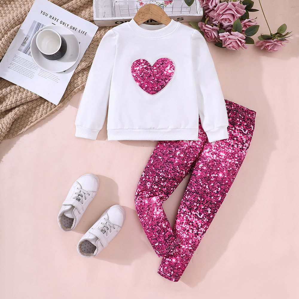 EW Barnkläder Liten Mellanstora Flickor Höst- och vinterset New Love Topp + Mönstrade leggings TZ1199-C_voghion.com