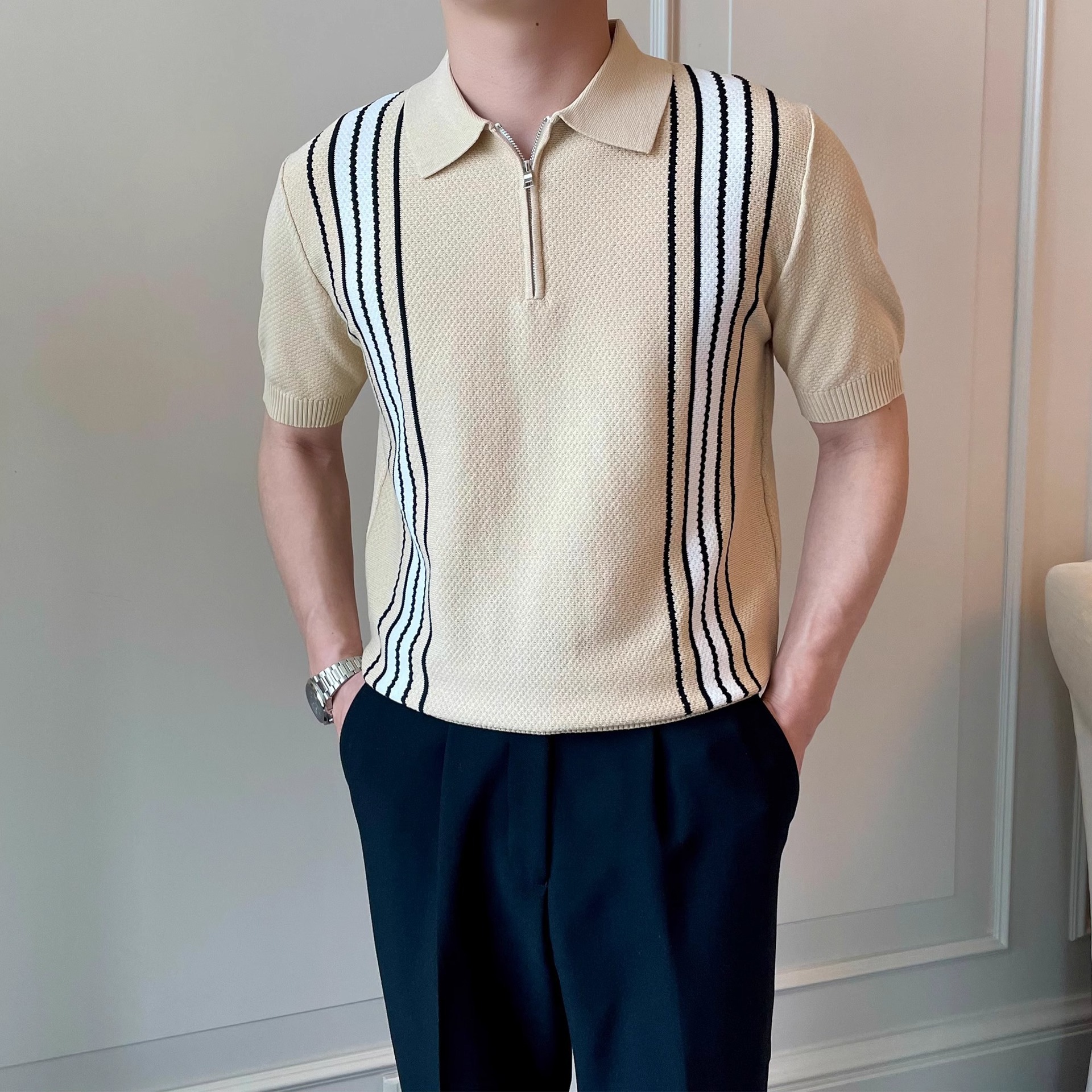ライト高級半袖ポロシャツメンズ夏ハーフジップラペルストライプ通気性カジュアルニットトップ Tシャツドロップシッピング