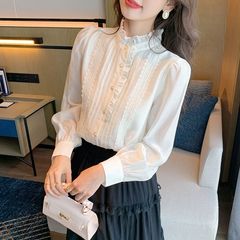 长袖衬衫拼接百搭新款边春夏女打底衫春季白色香云纱露肩