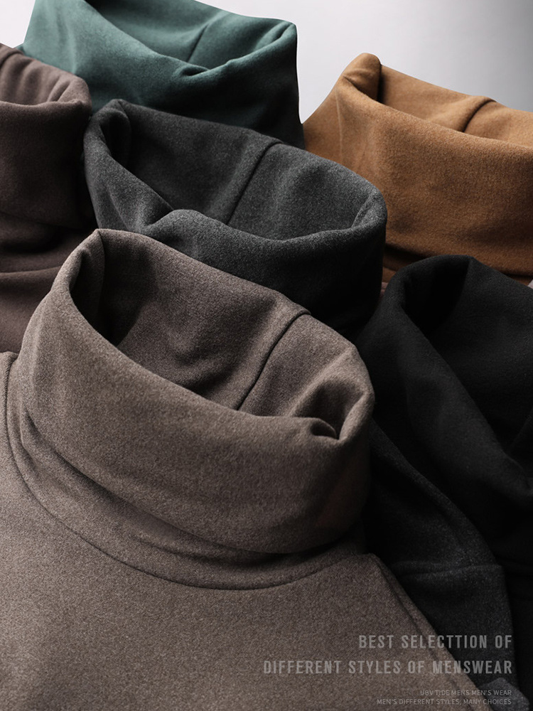 カスタムハイネックフリース裏地付き春用長袖メンズTシャツ、蓄熱保温起毛パイル襟スリムフィットトップス