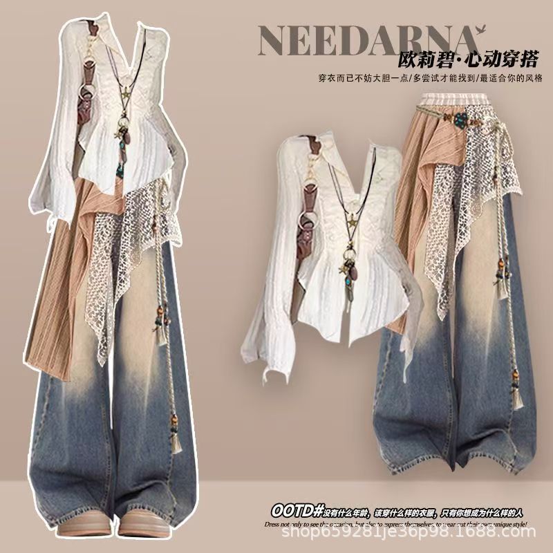 A Complete Set of 2026 Women's Korean-Style Slimming Shirts, Jeans, and Patchwork Cape Three-Piece Set for Petite Sizes