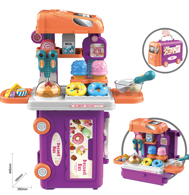 Simulación de niños transfronterizos 3-en-1 autobús cocina vajilla herramientas de maquillaje juego de juego casa maleta doctor juguete